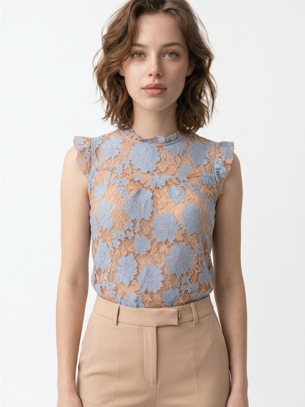 Monteau Los Angeles Women’s Medium Blue Floral Lace Ruffle Neck Cap Sleeve Top